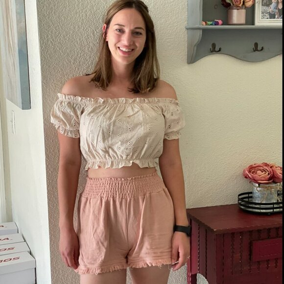 Off White Cream Eyelet Cropped Off Shoulder Top - Picture 14 of 16